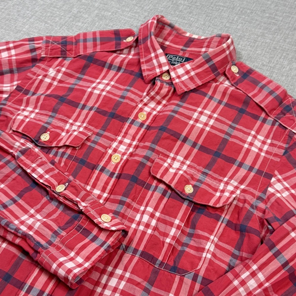 Polo Ralph Lauren Military Work Shirt Mens Large Red Long Sleeve Button-Up Plaid